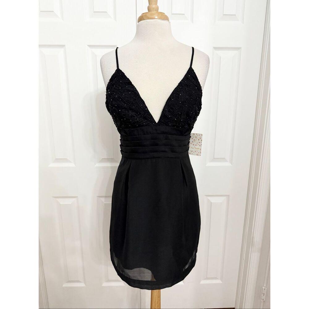 Free People Womens Black We Go Together Beaded Ruffle Mini Party Dress Sz 10 NWT